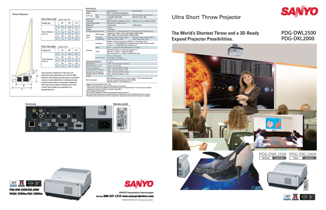 Sanyo PDG-DWL2000 appendix SANYO Presentation Technologies, Ultra Short Throw Projector, PDG-DXL2000, PDG-DWL2500, Wxga 