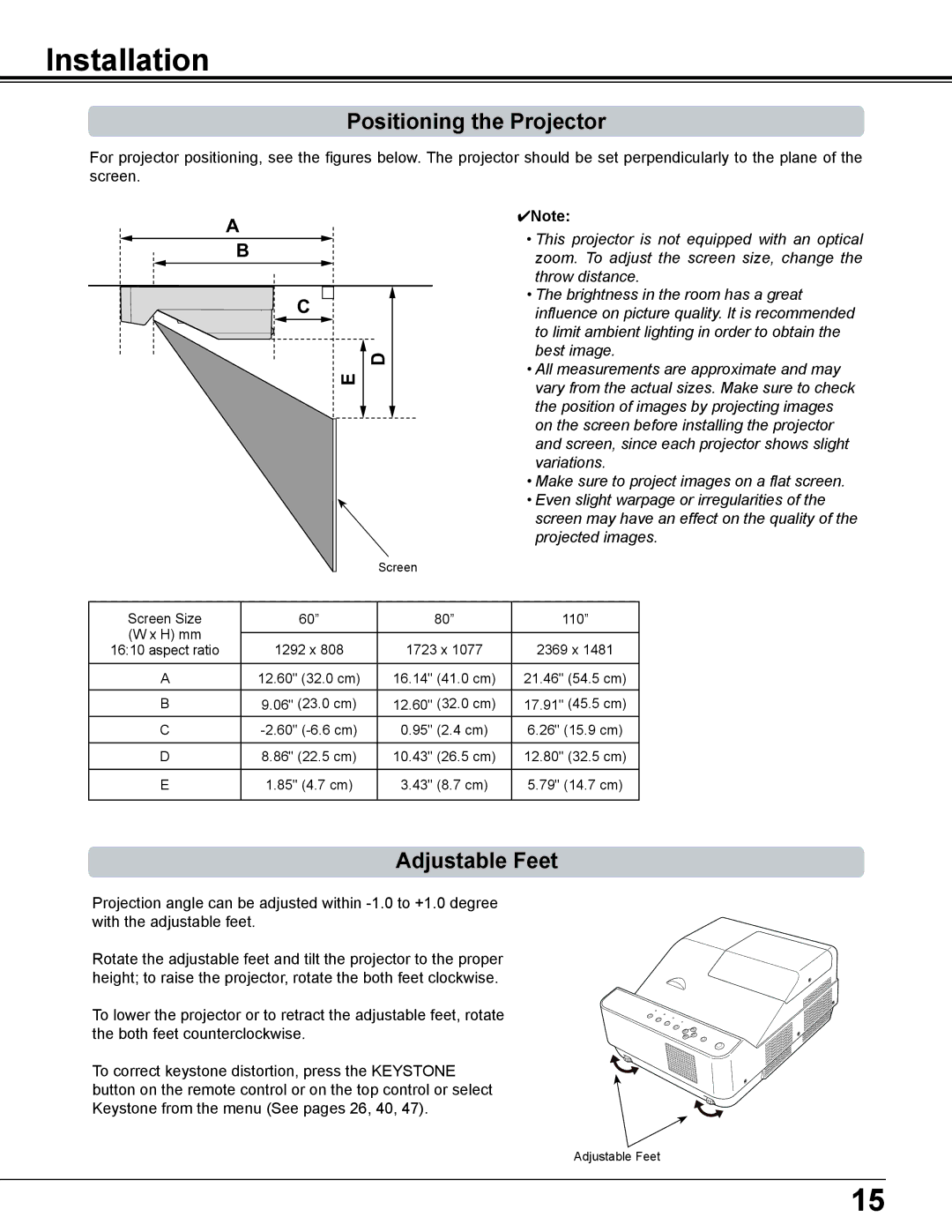 Sanyo PDG-DWL2500 owner manual Installation, Positioning the Projector, Adjustable Feet 