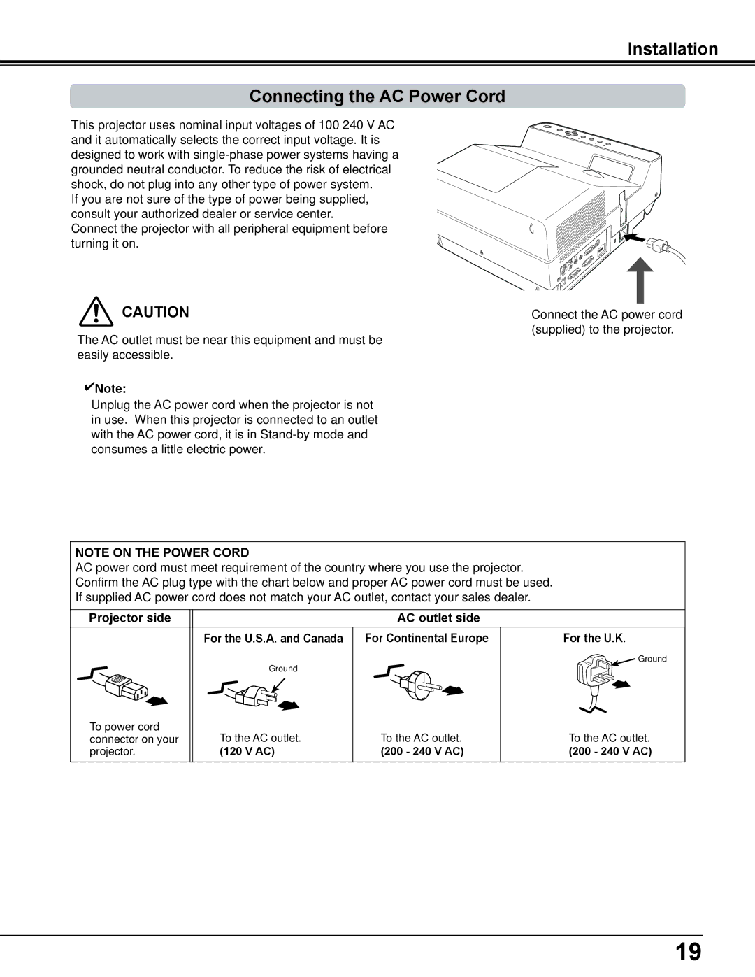 Sanyo PDG-DWL2500 owner manual Installation Connecting the AC Power Cord, Projector side AC outlet side 