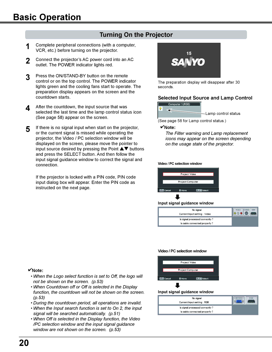 Sanyo PDG-DWL2500 owner manual Basic Operation, Turning On the Projector, Selected Input Source and Lamp Control 