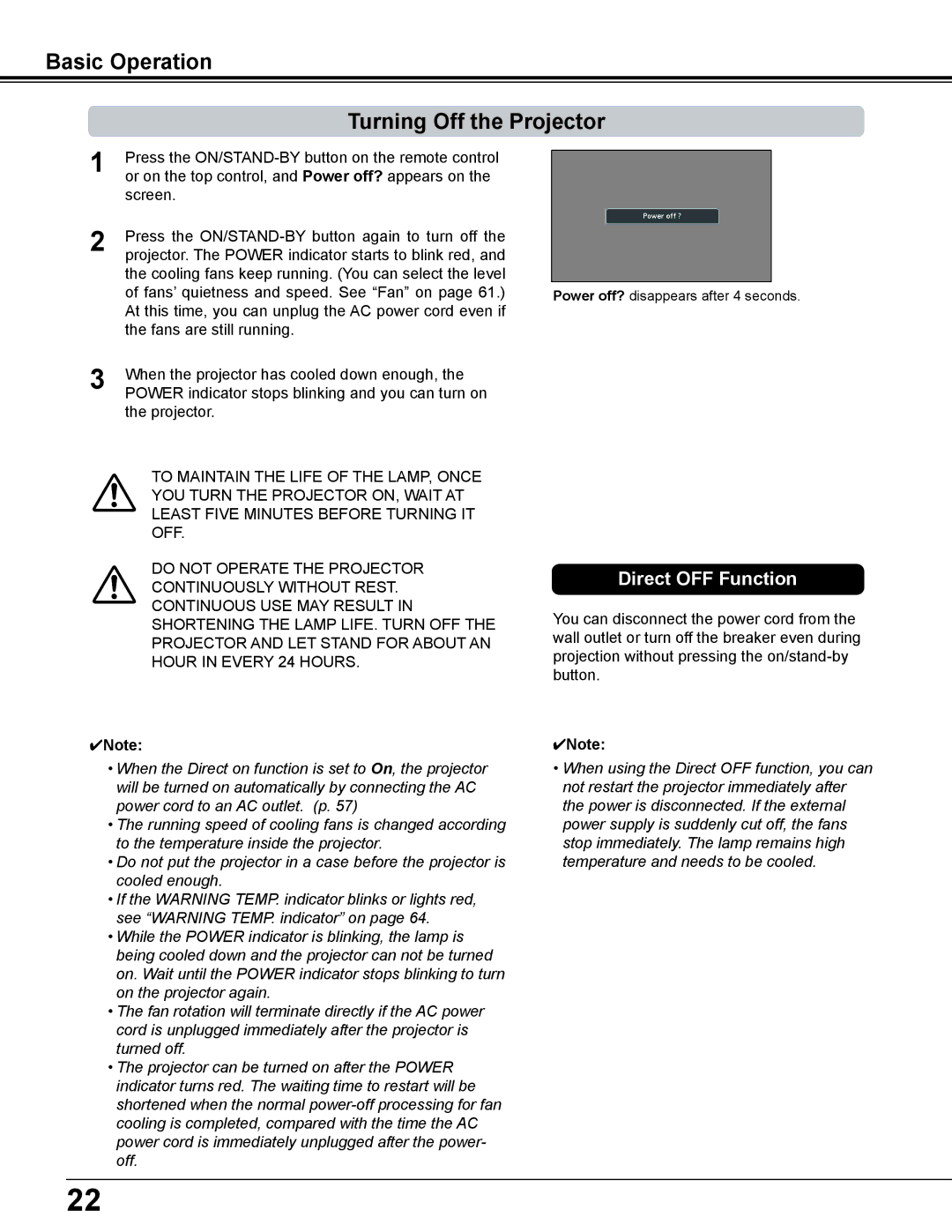 Sanyo PDG-DWL2500 owner manual Basic Operation Turning Off the Projector, Direct OFF Function 