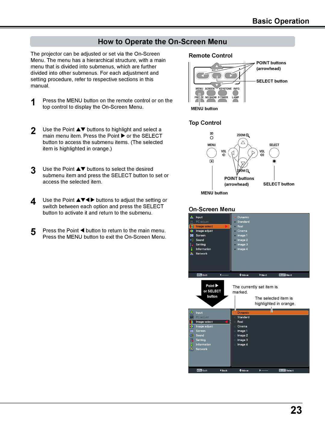 Sanyo PDG-DWL2500 owner manual Basic Operation How to Operate the On-Screen Menu, Remote Control, Top Control 