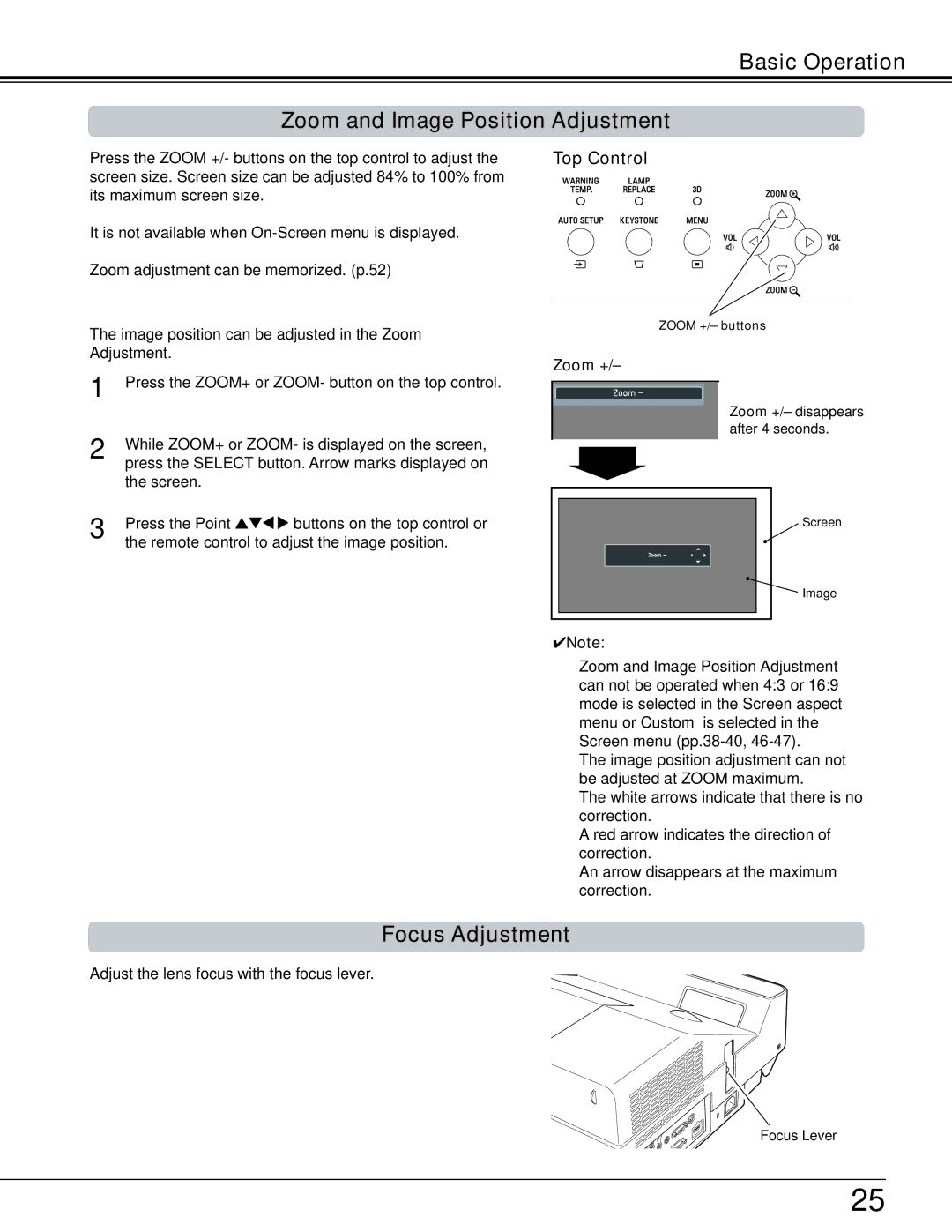 Sanyo PDG-DWL2500 owner manual Basic Operation Zoom and Image Position Adjustment, Focus Adjustment, Zoom + 