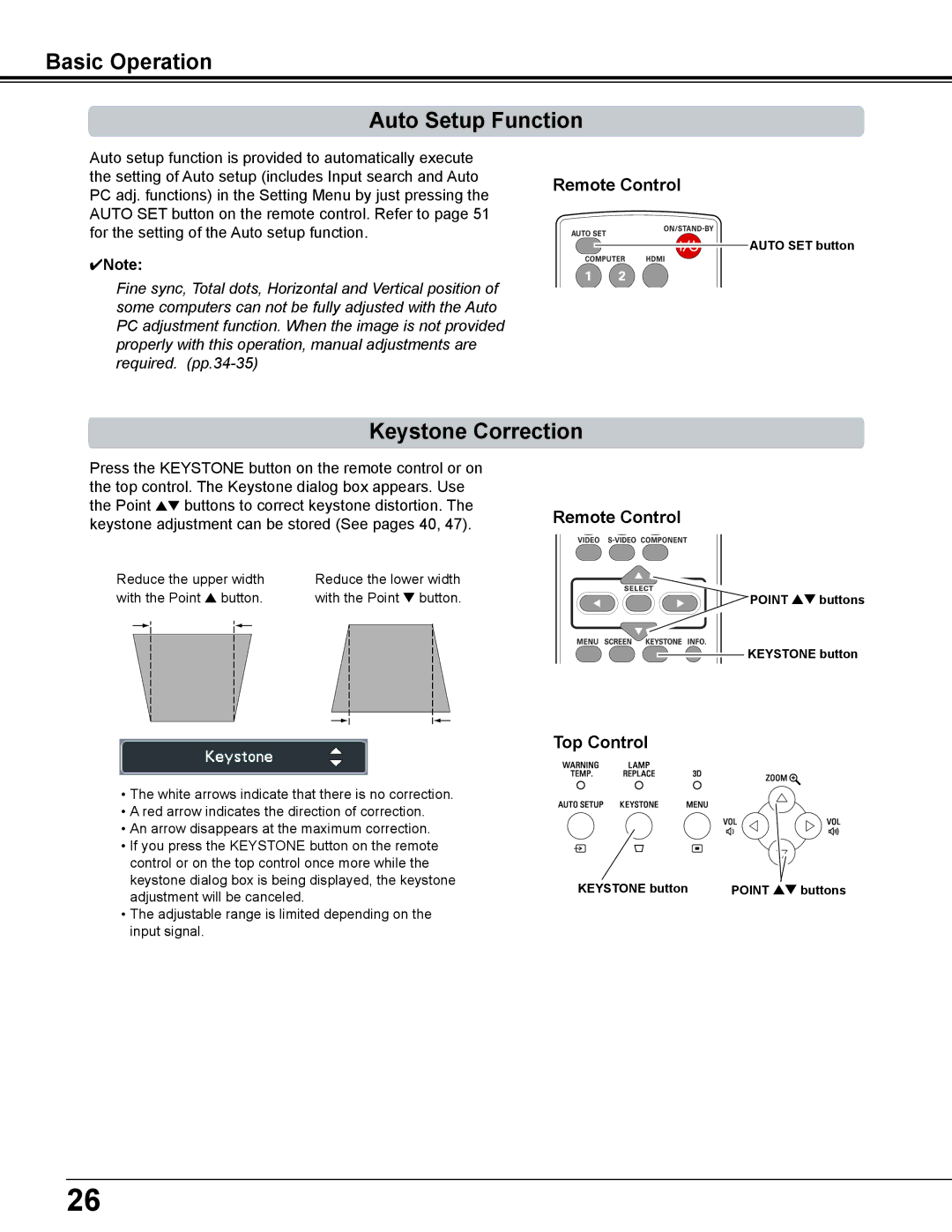 Sanyo PDG-DWL2500 owner manual Basic Operation Auto Setup Function, Keystone Correction 