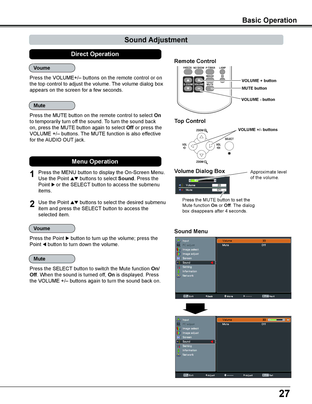 Sanyo PDG-DWL2500 owner manual Basic Operation Sound Adjustment, Volume Dialog Box, Sound Menu, Voume, Mute 