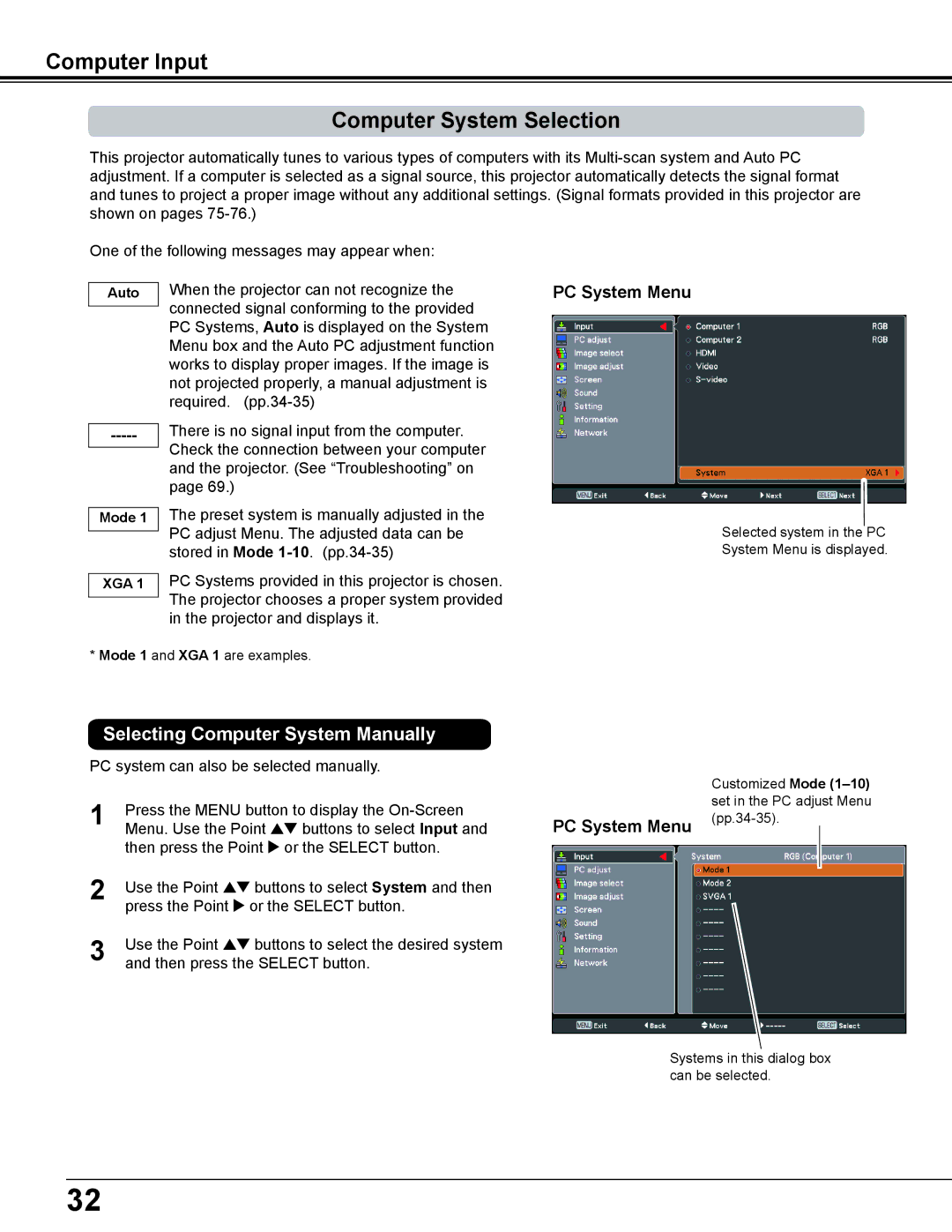 Sanyo PDG-DWL2500 owner manual Computer Input Computer System Selection, PC System Menu 