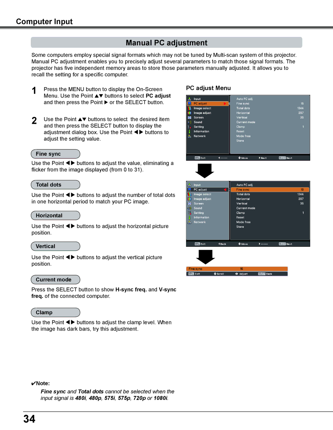 Sanyo PDG-DWL2500 owner manual Computer Input Manual PC adjustment 