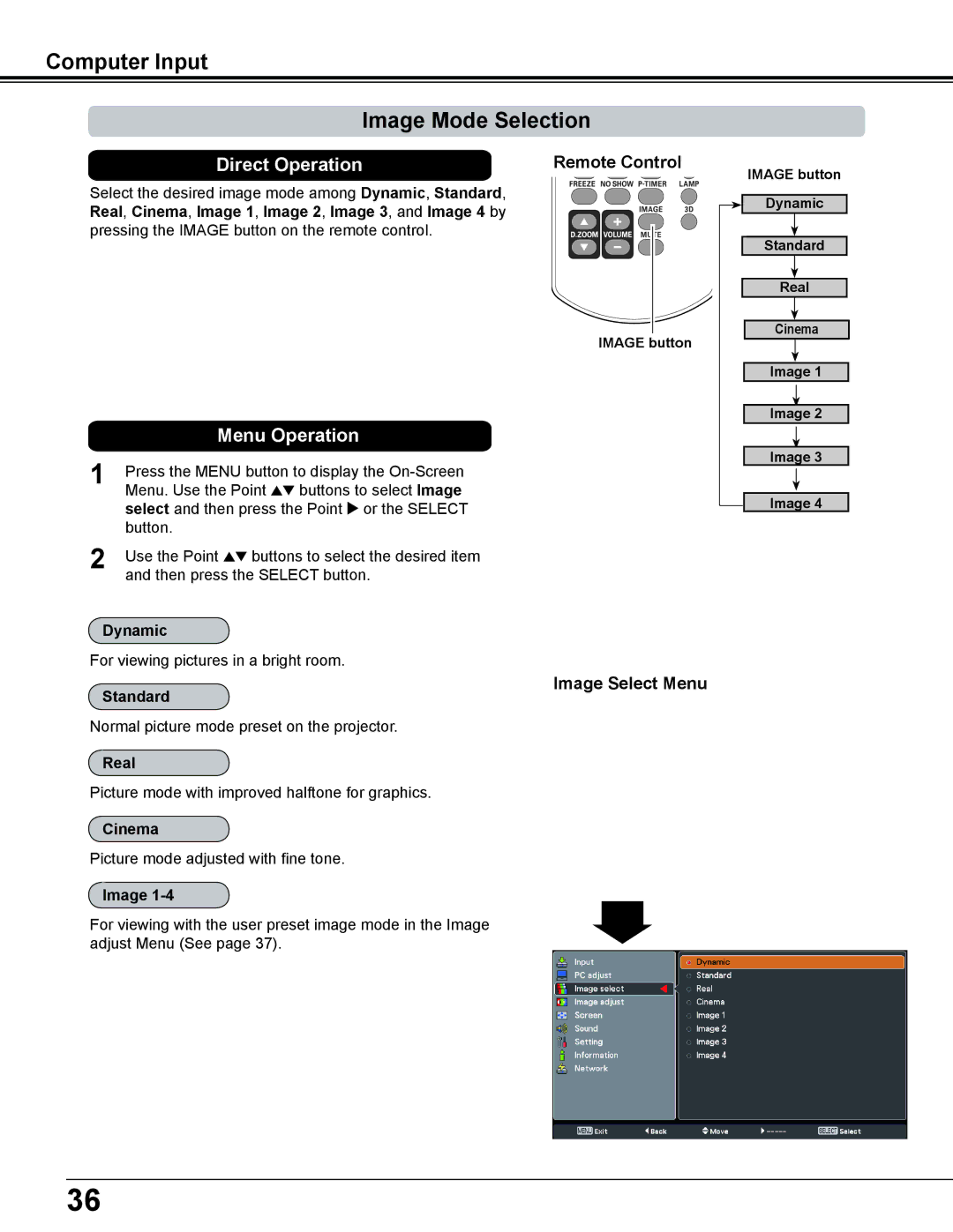 Sanyo PDG-DWL2500 owner manual Computer Input Image Mode Selection, Image Select Menu 