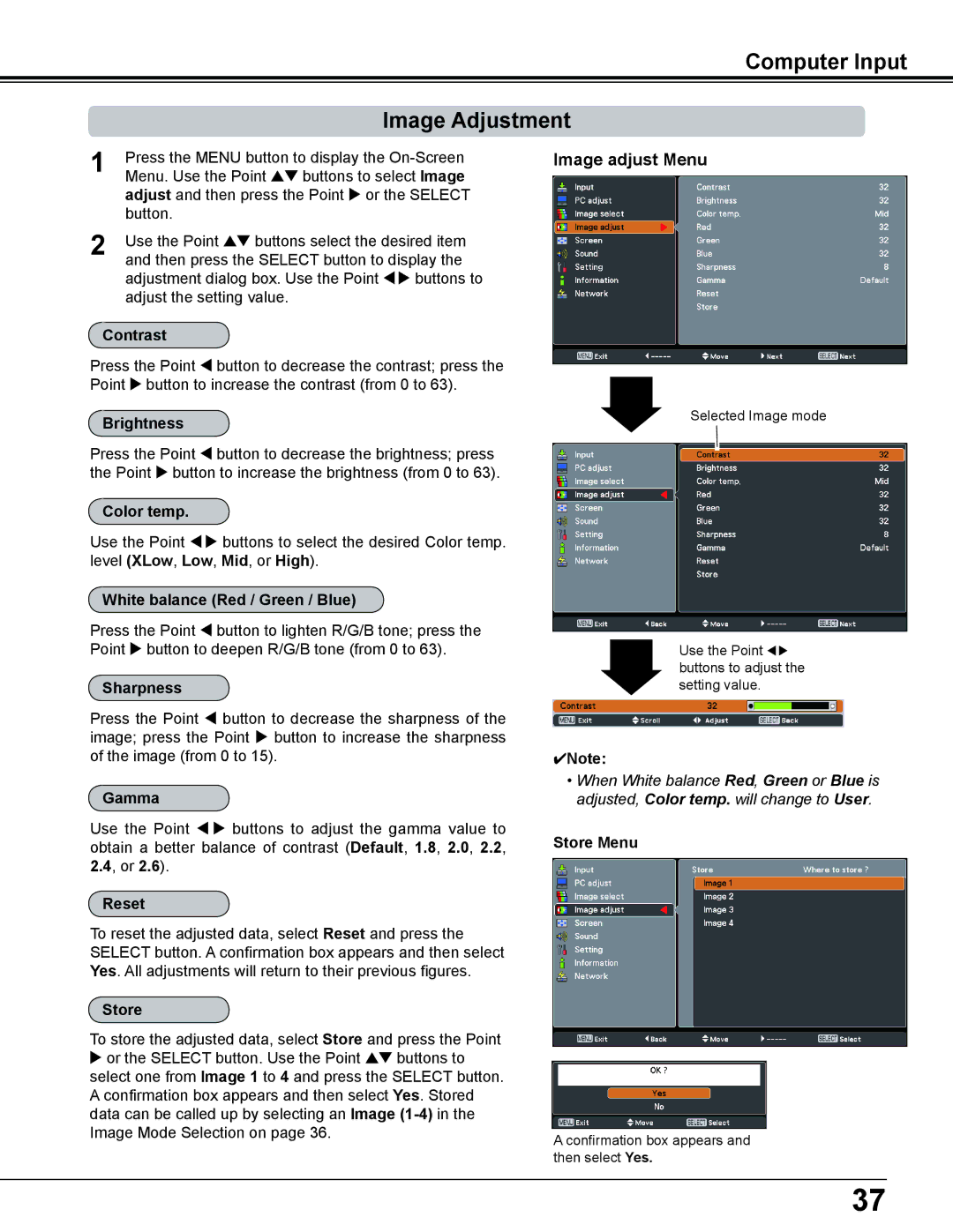 Sanyo PDG-DWL2500 owner manual Computer Input Image Adjustment, Image adjust Menu 