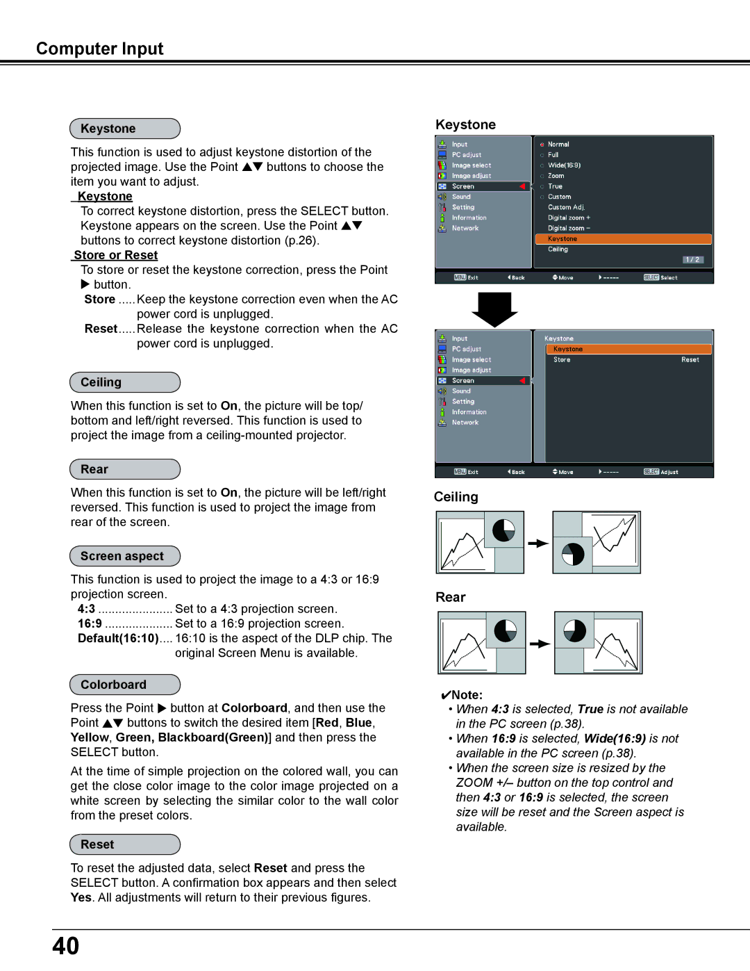 Sanyo PDG-DWL2500 owner manual Keystone, Rear 