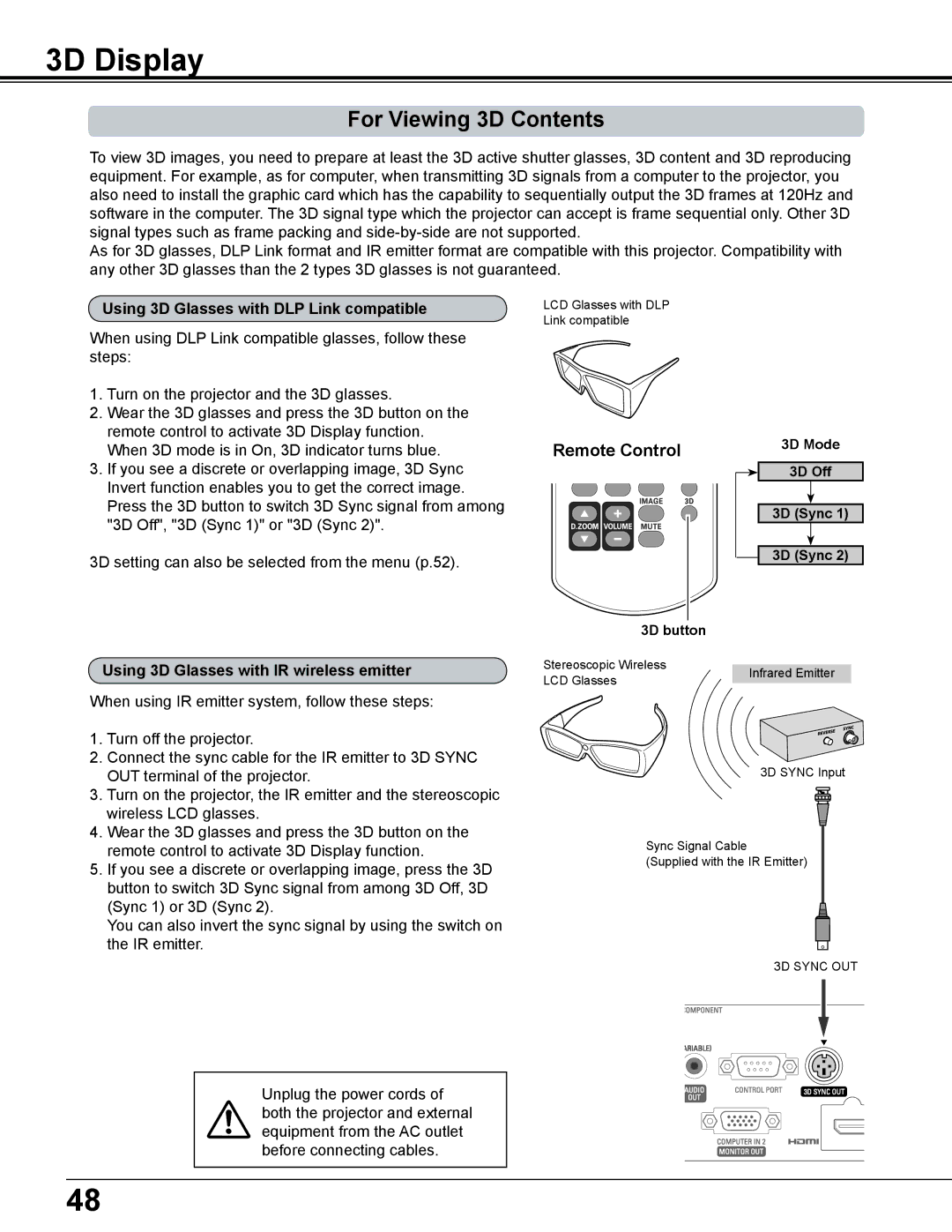 Sanyo PDG-DWL2500 owner manual 3D Display, For Viewing 3D Contents 