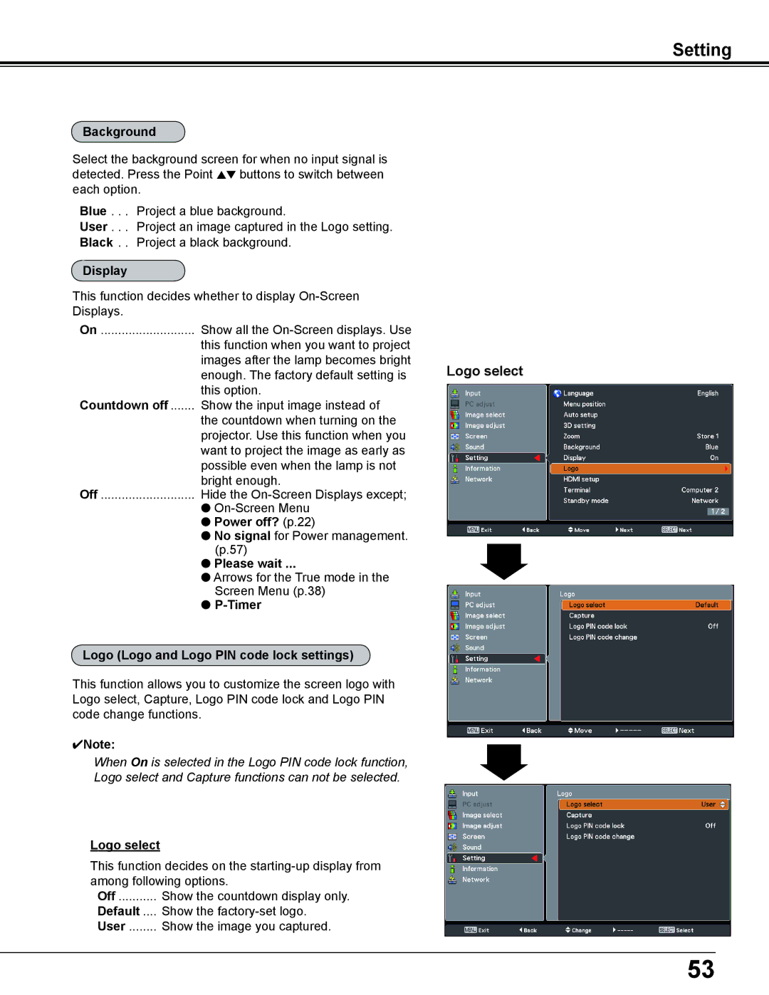 Sanyo PDG-DWL2500 owner manual Background, Display, Logo select, Countdown off, Power off? p.22, Please wait, Default 