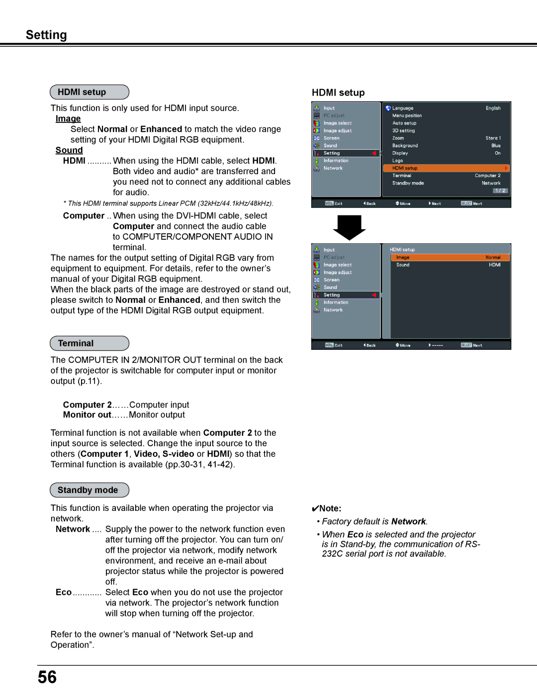 Sanyo PDG-DWL2500 owner manual Hdmi setup, Terminal, Standby mode 