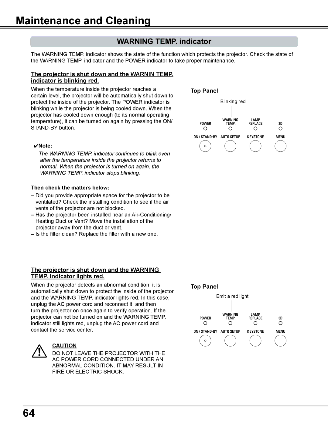 Sanyo PDG-DWL2500 owner manual Maintenance and Cleaning, Top Panel, 4Note Then check the matters below 