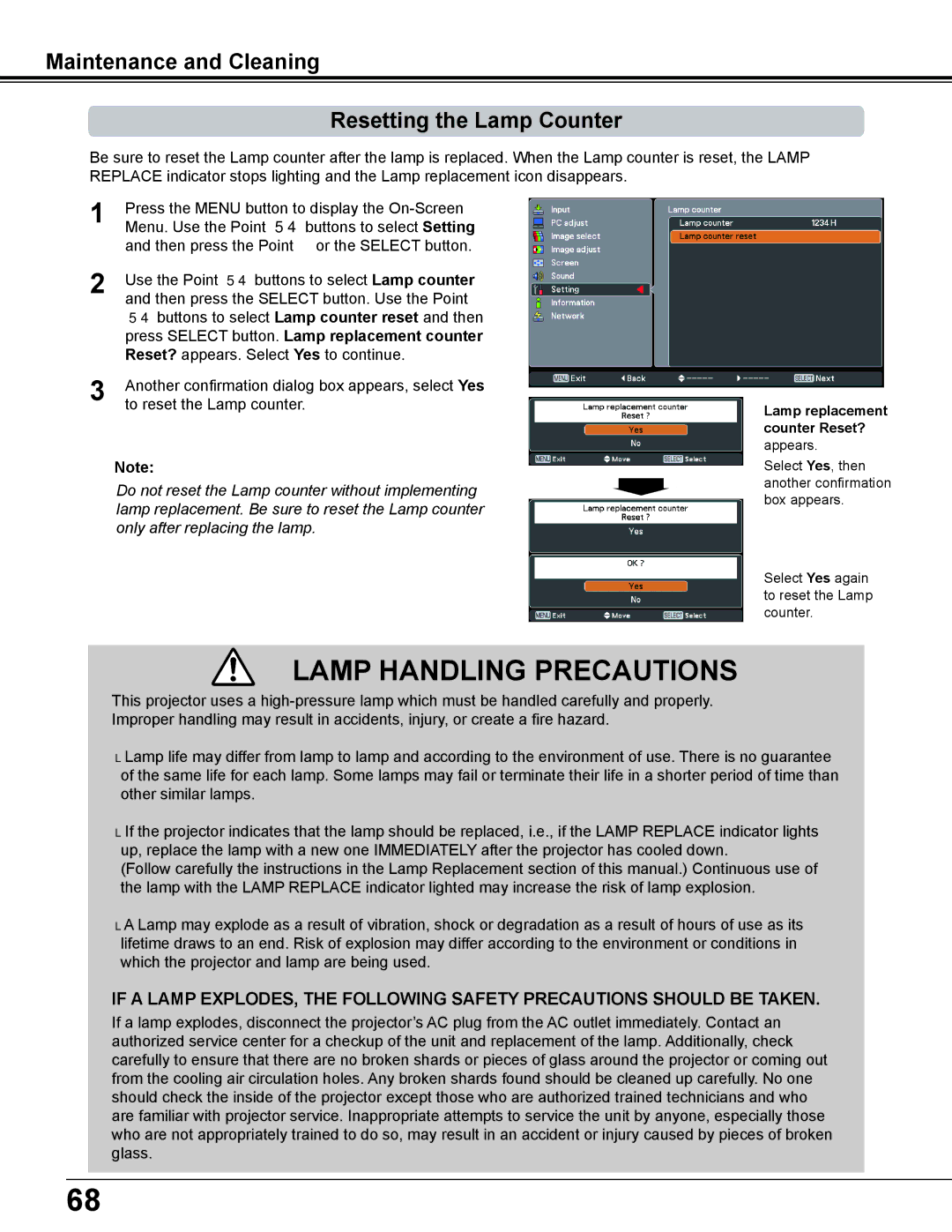 Sanyo PDG-DWL2500 Maintenance and Cleaning Resetting the Lamp Counter, Press Select button. Lamp replacement counter 