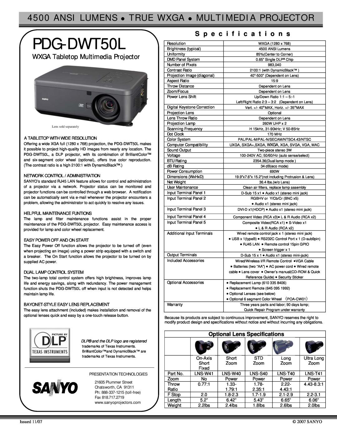 Sanyo PDG-DWT50L specifications S p e c i f i c a t i o n s, WXGA Tabletop Multimedia Projector 