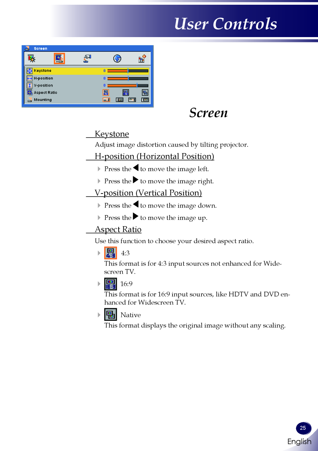 Sanyo PDG-DXL100 Screen, Keystone, H-position Horizontal Position, V-position Vertical Position, Aspect Ratio, English 