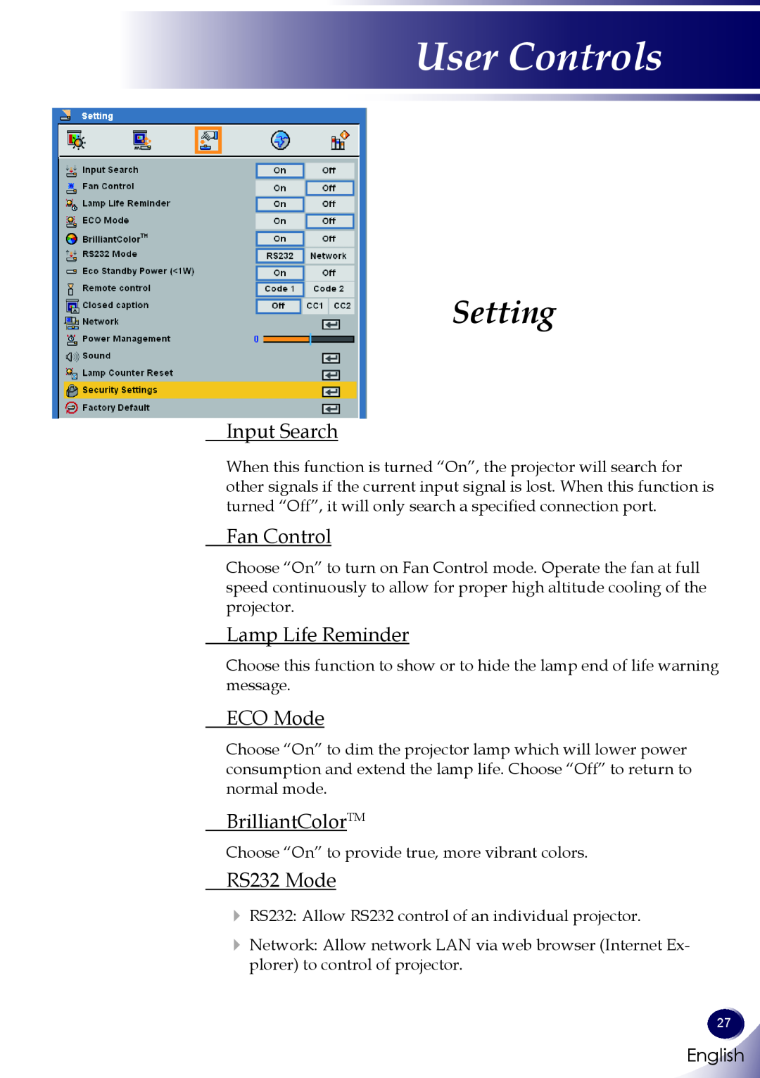 Sanyo PDG-DXL100 Setting, Input Search, Fan Control, Lamp Life Reminder, ECO Mode, BrilliantColorTM, RS232 Mode, English 