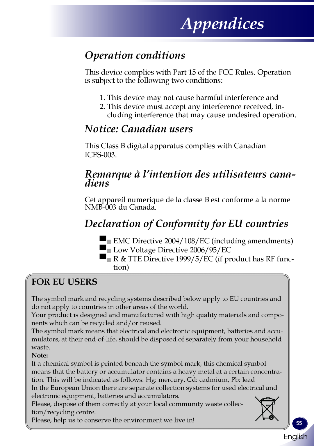 Sanyo PDG-DXL100 Operation conditions, Notice Canadian users, Remarque à l’intention des utilisateurs cana- diens, English 