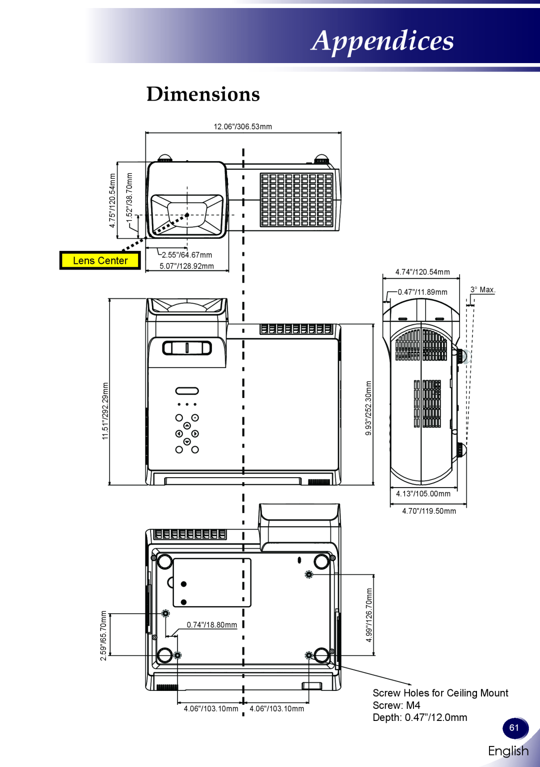 Sanyo PDG-DXL100 owner manual Dimensions, Appendices, English, Screw Holes for Ceiling Mount 
