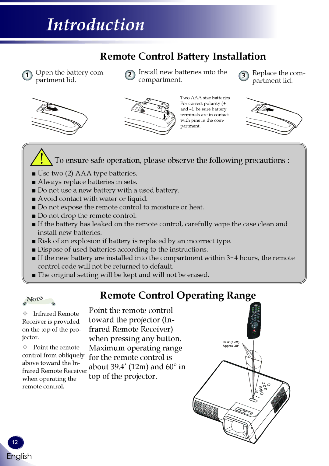 Sanyo PDG-DXL100 owner manual Remote Control Battery Installation, Remote Control Operating Range 