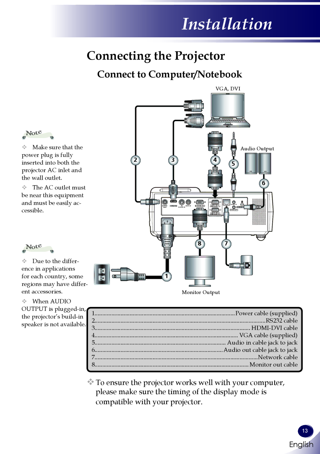 Sanyo PDG-DXL100 owner manual Connecting the Projector, Connect to Computer/Notebook 