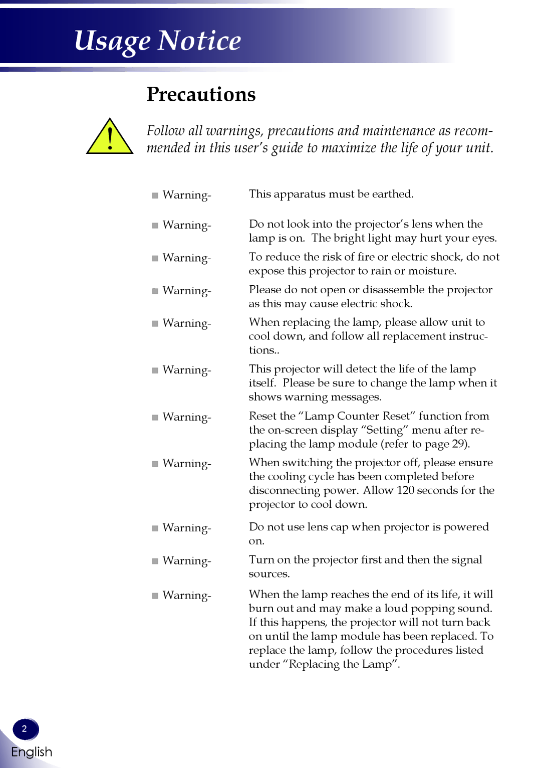 Sanyo PDG-DXL100 owner manual Usage Notice, Precautions 