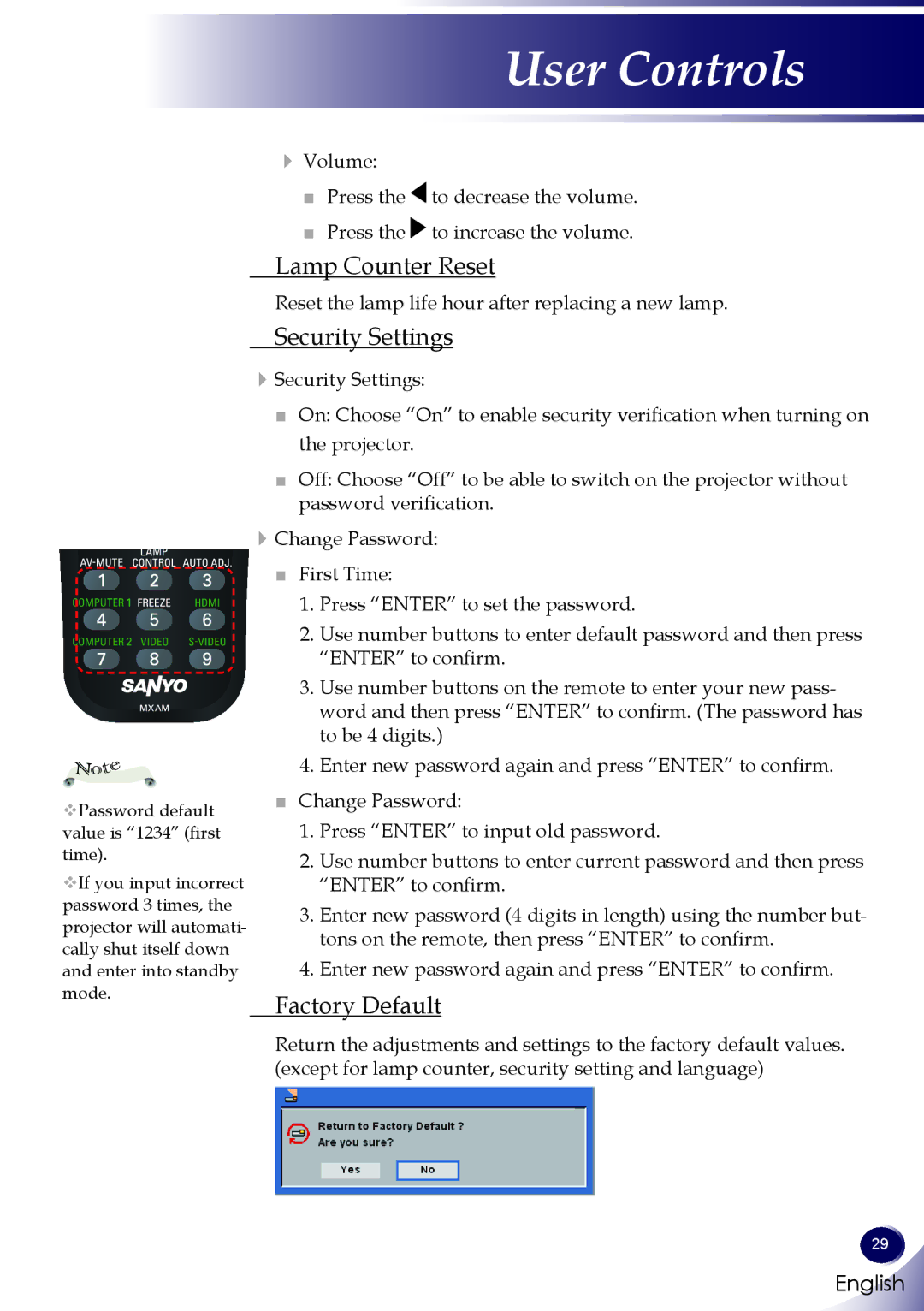 Sanyo PDG-DXL100 owner manual Lamp Counter Reset, Security Settings, Factory Default 