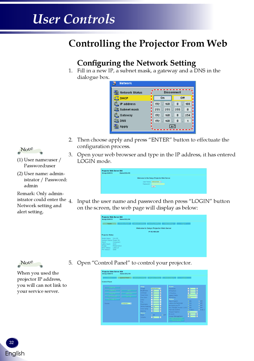 Sanyo PDG-DXL100 owner manual Controlling the Projector From Web, Configuring the Network Setting 