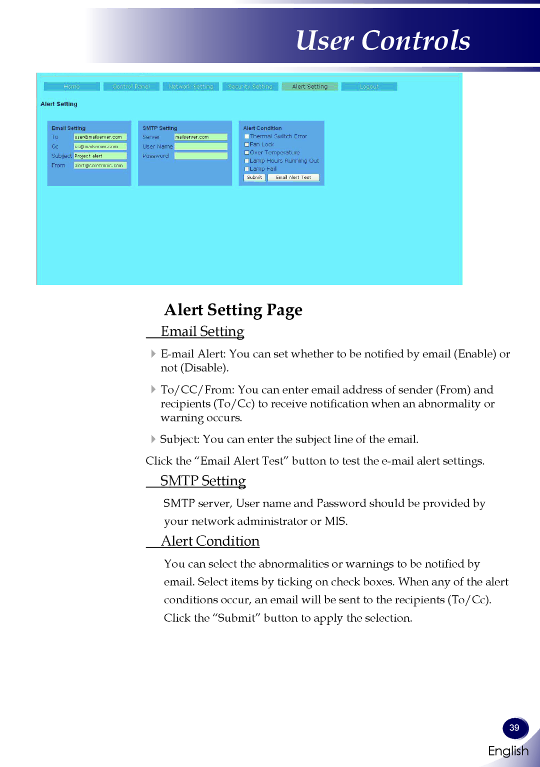 Sanyo PDG-DXL100 owner manual Alert Setting, Email Setting, Smtp Setting, Alert Condition 