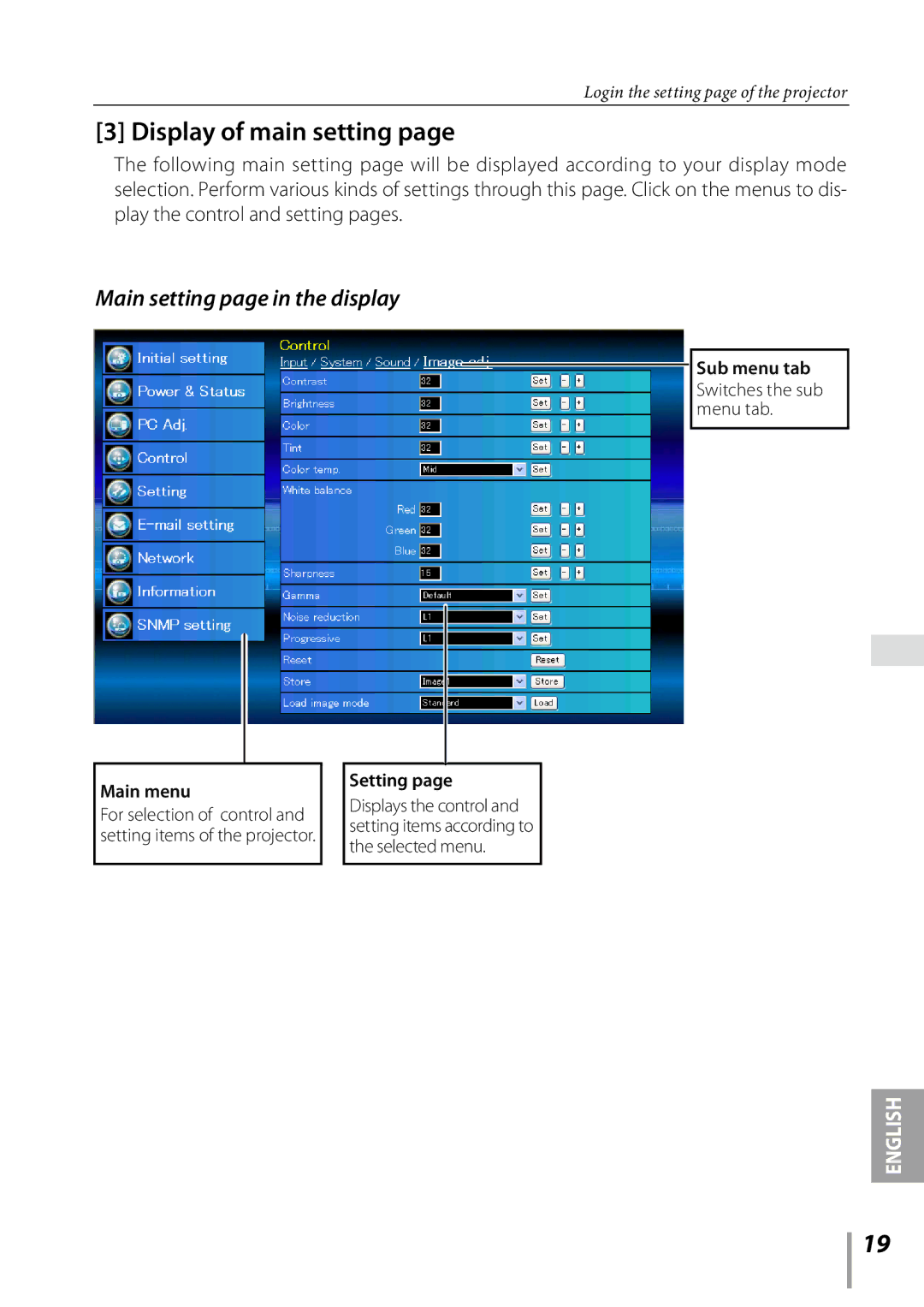 Sanyo PDG-DXL2000 owner manual Display of main setting, Main setting page in the display, Setting 