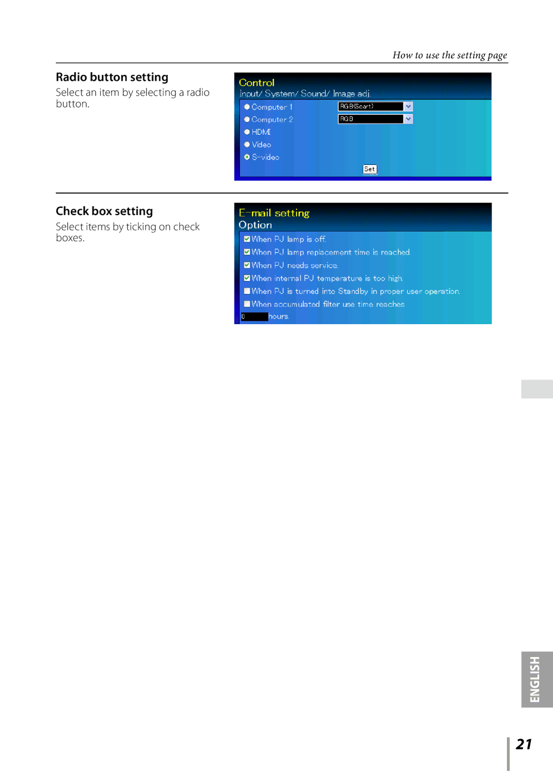 Sanyo PDG-DXL2000 owner manual Select an item by selecting a radio button, Select items by ticking on check boxes 