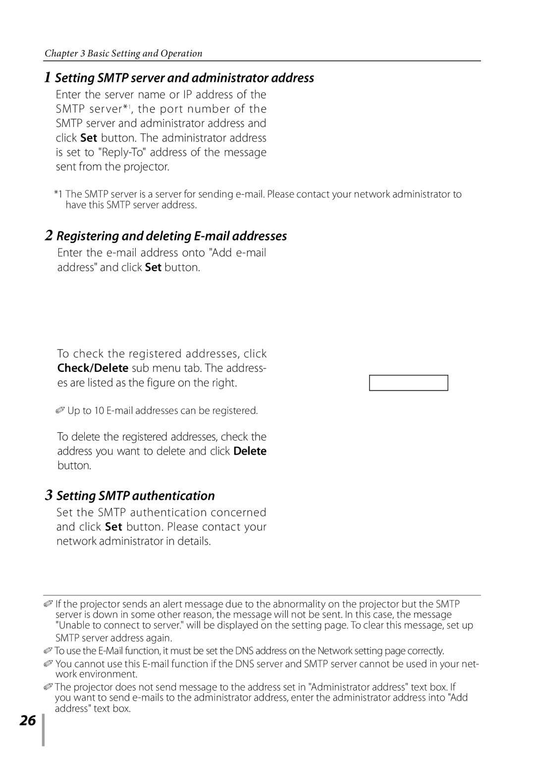 Sanyo PDG-DXL2000 owner manual Setting Smtp server and administrator address, Registering and deleting E-mail addresses 