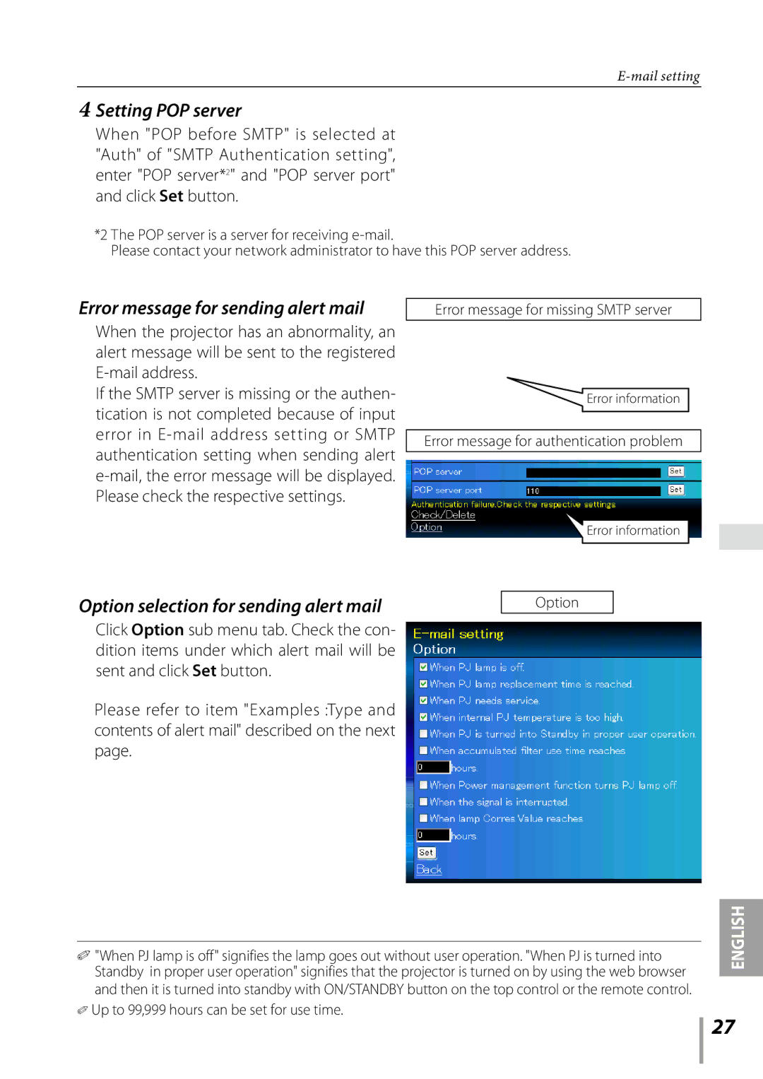 Sanyo PDG-DXL2000 owner manual Setting POP server, Error message for sending alert mail 