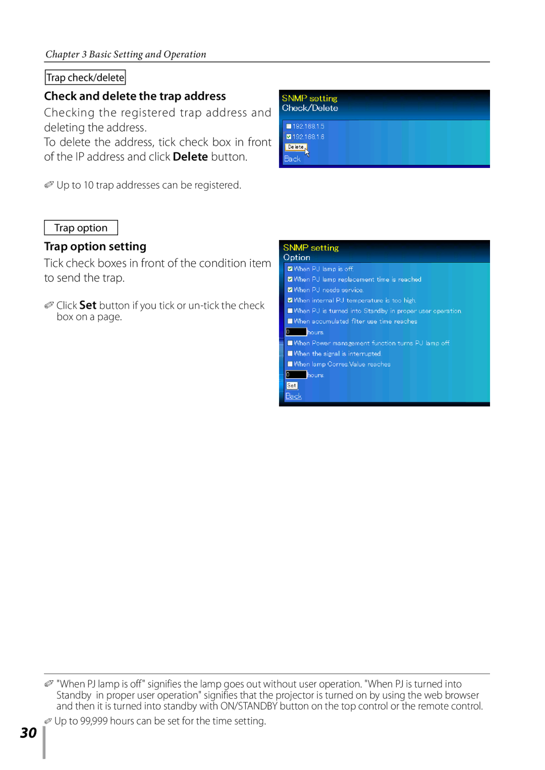 Sanyo PDG-DXL2000 owner manual Trap check/delete, Click Set button if you tick or un-tick the check box on a 