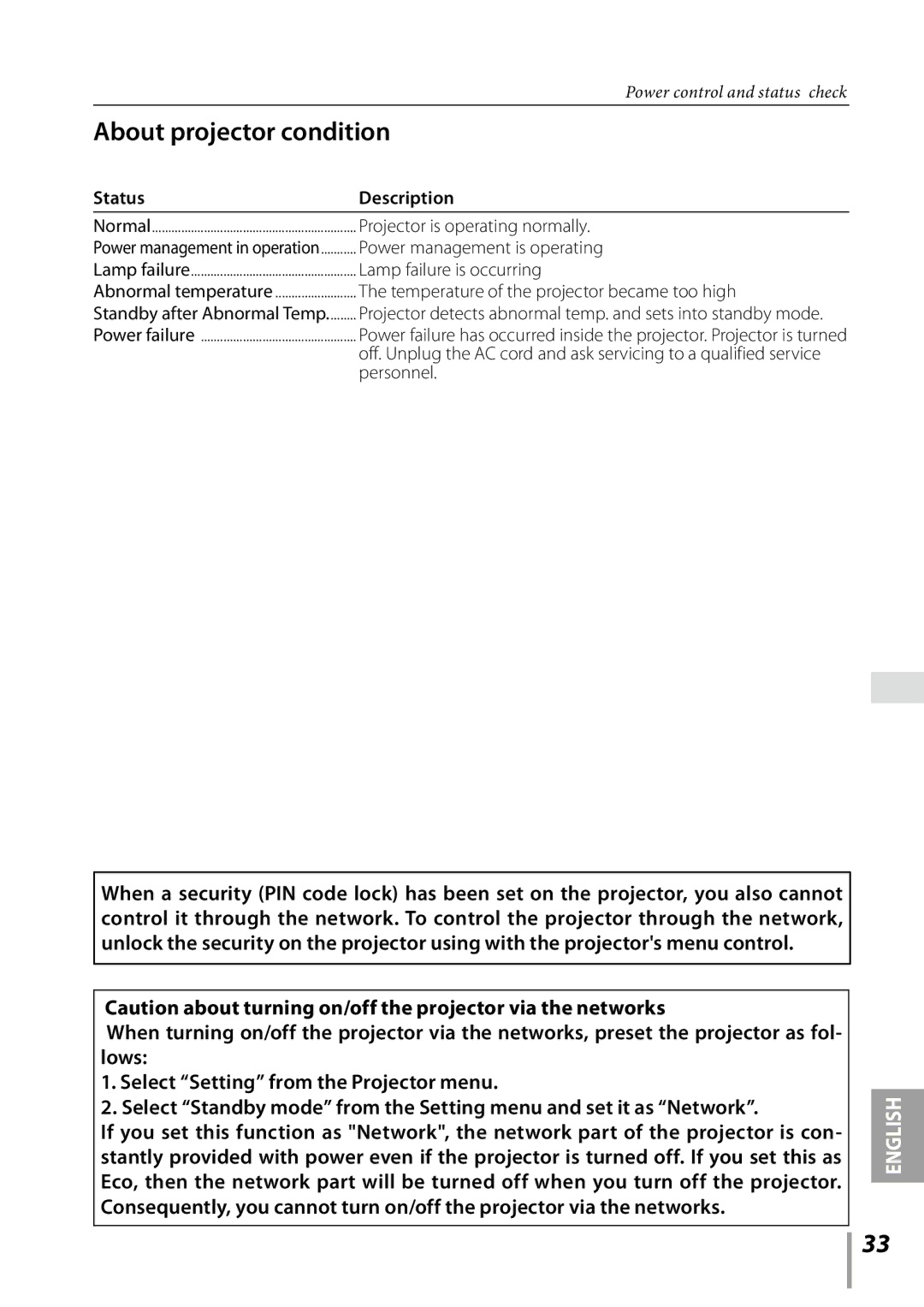 Sanyo PDG-DXL2000 owner manual About projector condition, Status Description 