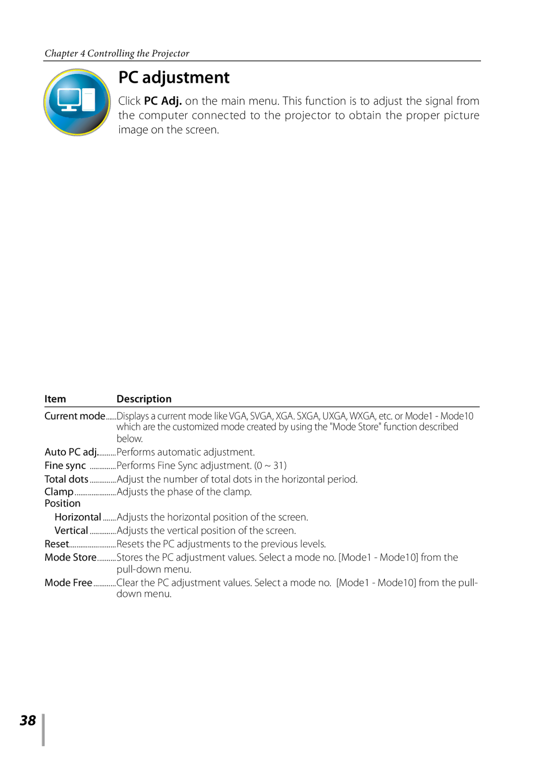 Sanyo PDG-DXL2000 owner manual PC adjustment 