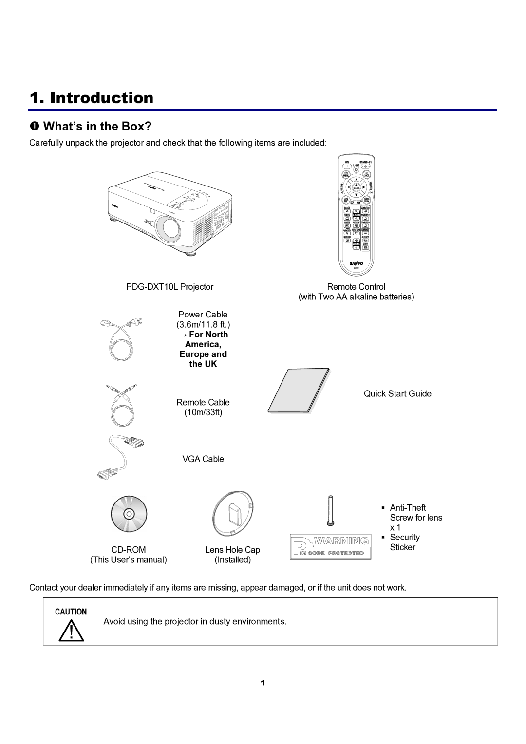 Sanyo PDG-DXT10L, PDG-DXT10KL manual Introduction, What’s in the Box? 