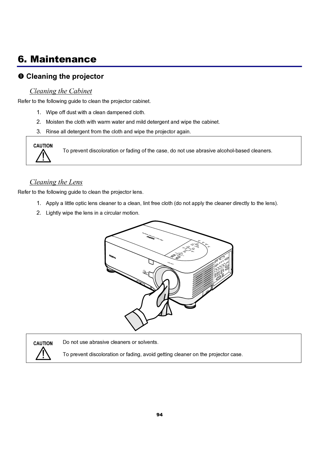 Sanyo PDG-DXT10KL, PDG-DXT10L manual Maintenance, Cleaning the projector, Cleaning the Cabinet, Cleaning the Lens 