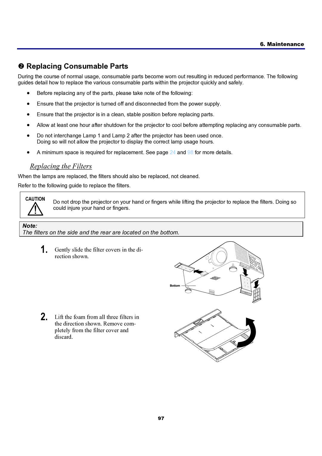 Sanyo PDG-DXT10L, PDG-DXT10KL manual Replacing Consumable Parts, Replacing the Filters 