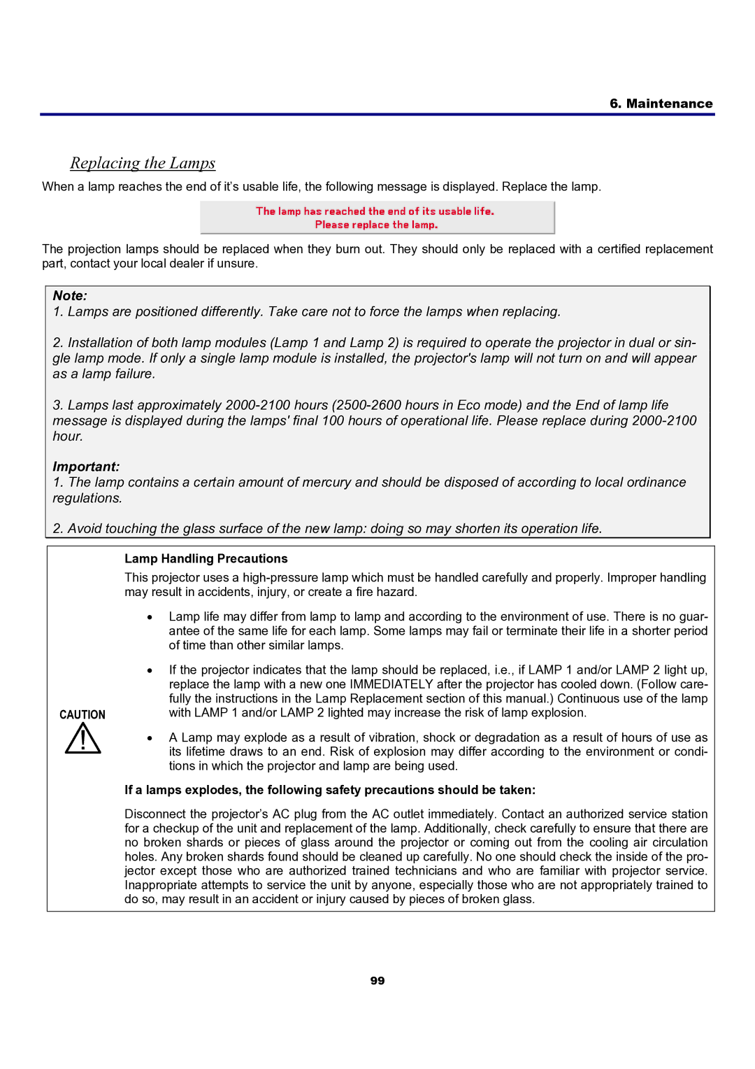 Sanyo PDG-DXT10L, PDG-DXT10KL manual Replacing the Lamps, Lamp Handling Precautions 