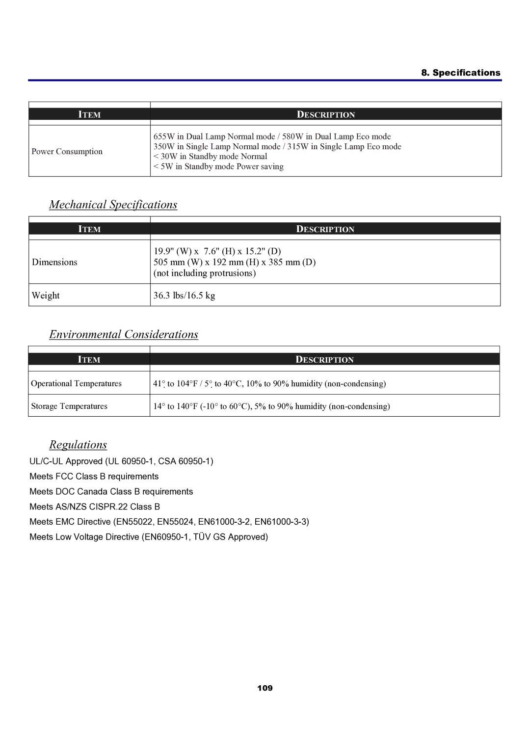 Sanyo PDG-DXT10L, PDG-DXT10KL manual Mechanical Specifications, Environmental Considerations, Regulations 