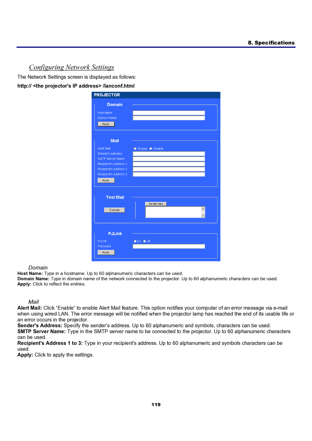 Sanyo PDG-DXT10L, PDG-DXT10KL manual Configuring Network Settings, Domain, Mail 