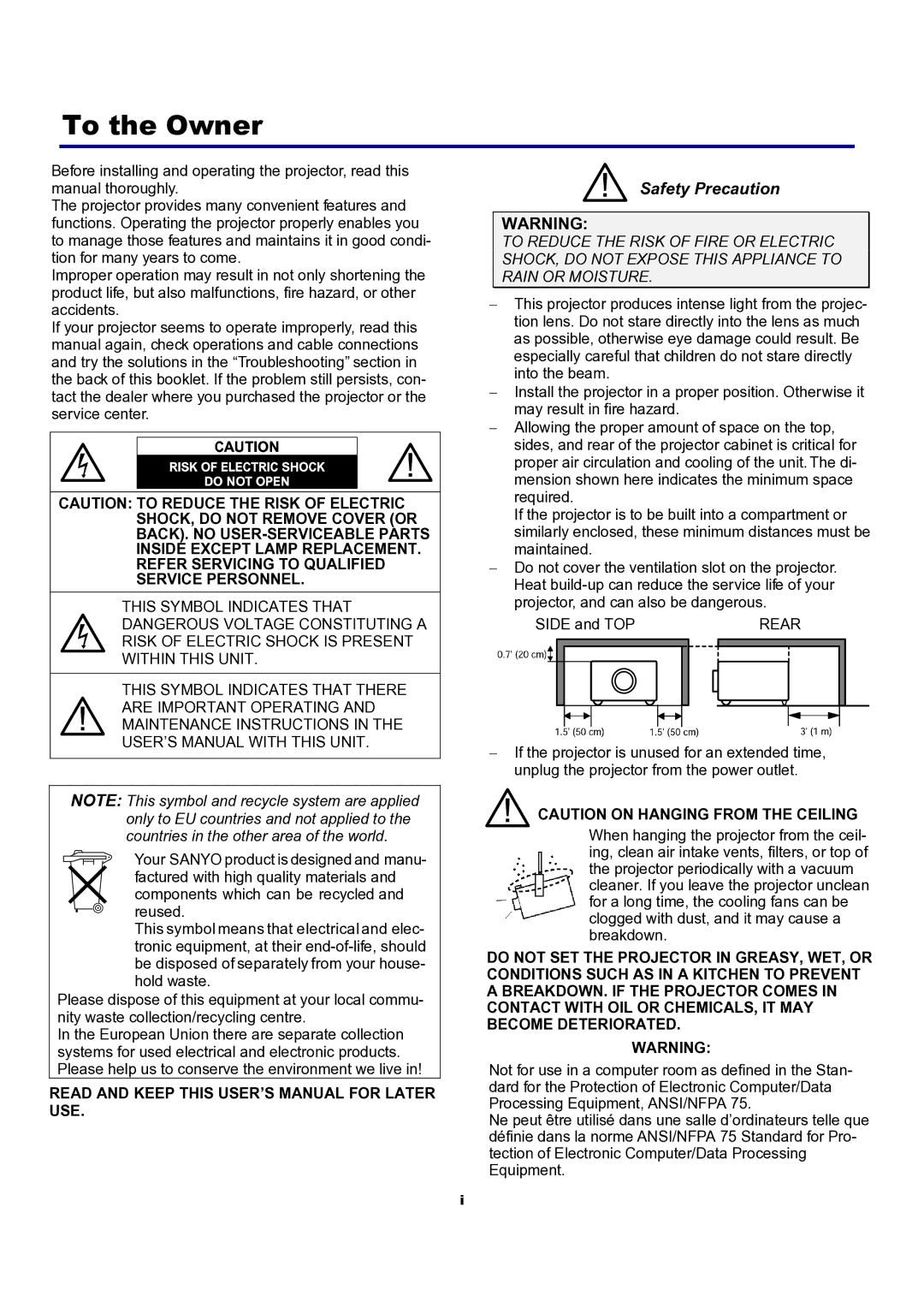 Sanyo PDG-DXT10KL, PDG-DXT10L manual To the Owner, Safety Precaution 