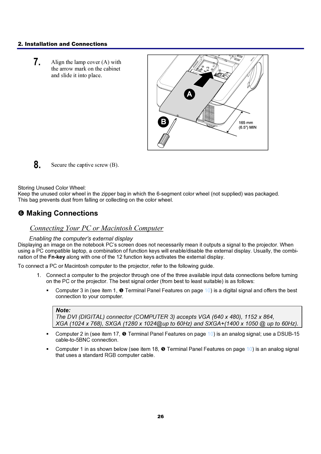 Sanyo PDG-DXT10KL Making Connections, Connecting Your PC or Macintosh Computer, Enabling the computer’s external display 