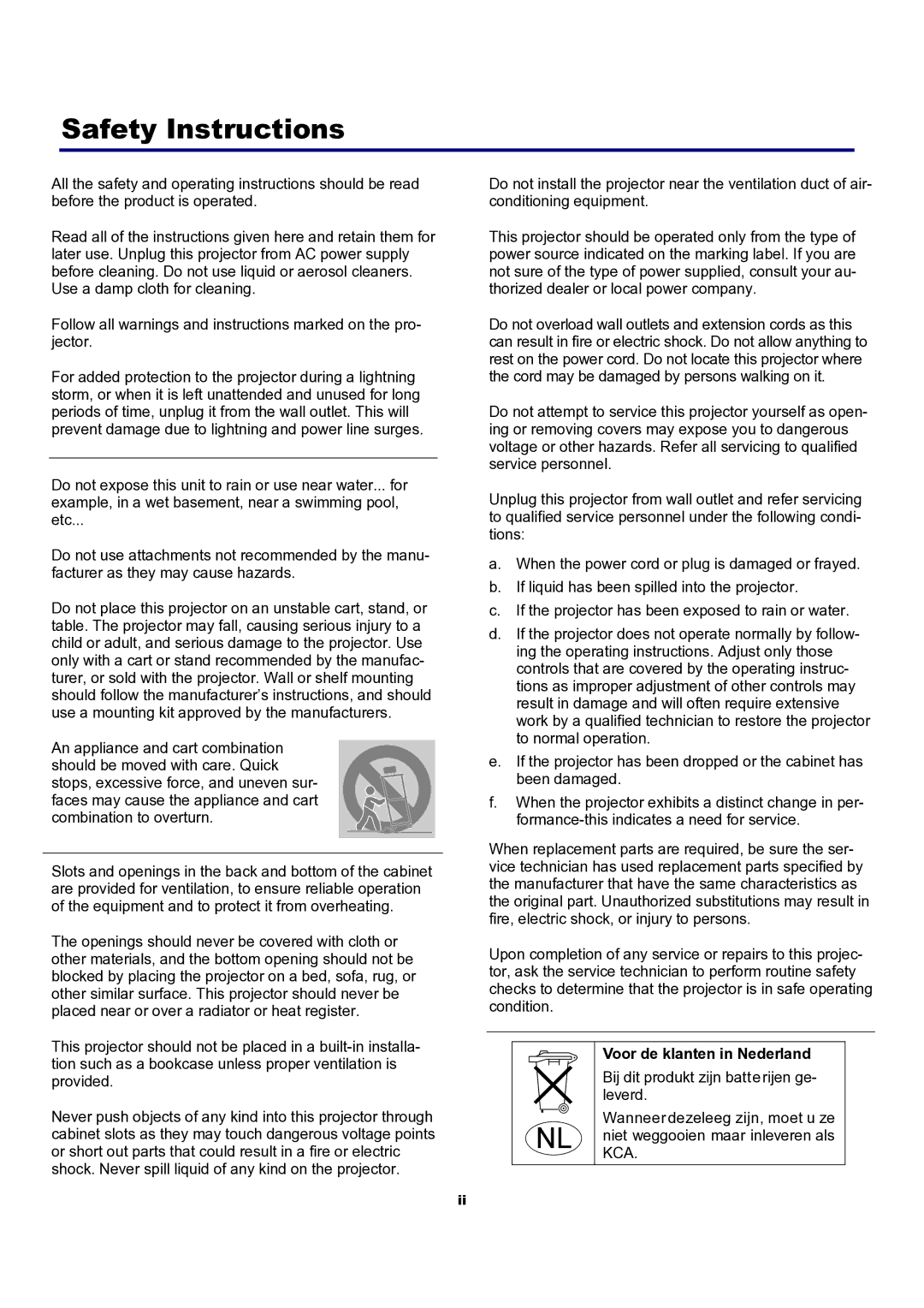 Sanyo PDG-DXT10L, PDG-DXT10KL manual Safety Instructions, Voor de klanten in Nederland 