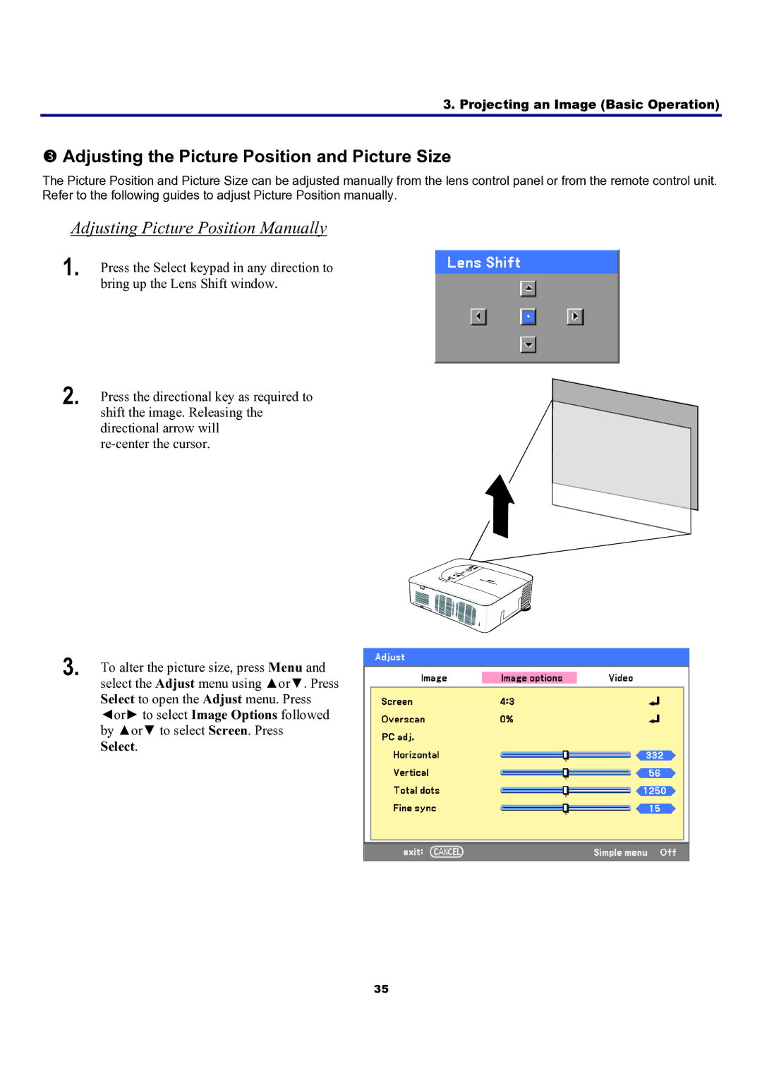 Sanyo PDG-DXT10L, PDG-DXT10KL manual Adjusting the Picture Position and Picture Size, Adjusting Picture Position Manually 