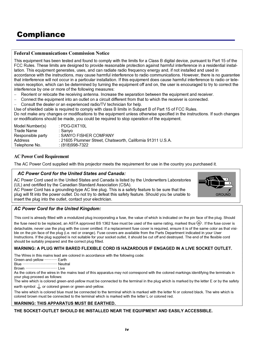 Sanyo PDG-DXT10L, PDG-DXT10KL manual Compliance, Federal Communications Commission Notice 