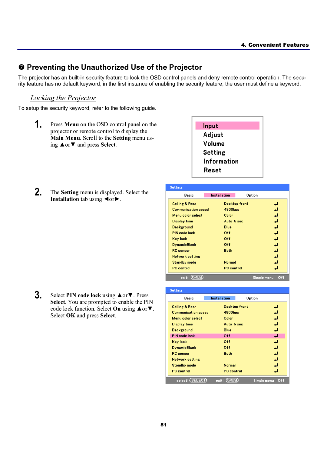 Sanyo PDG-DXT10L, PDG-DXT10KL manual Preventing the Unauthorized Use of the Projector, Locking the Projector 