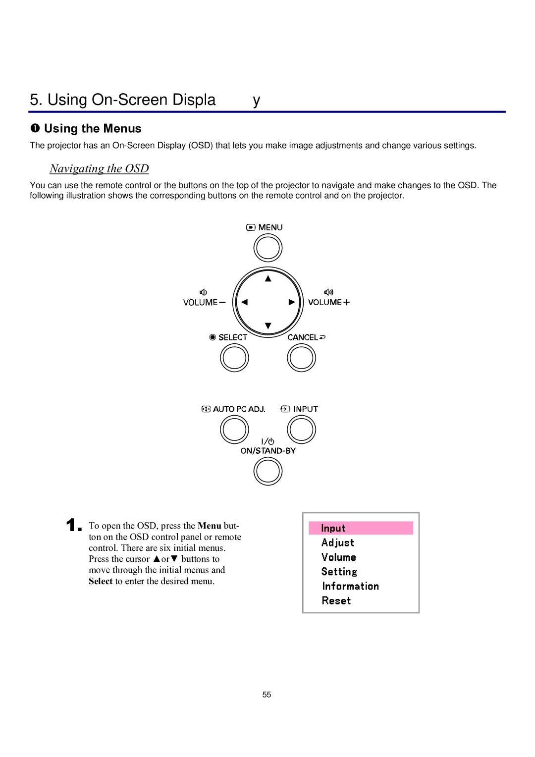 Sanyo PDG-DXT10L, PDG-DXT10KL manual Using On-Screen Display, Using the Menus, Navigating the OSD 